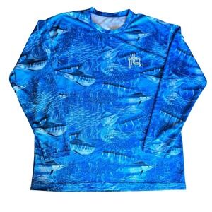 Guy Harvey Camo Blue Marlin Fishing Performance Shirt Mens XL Long Sleeve UV